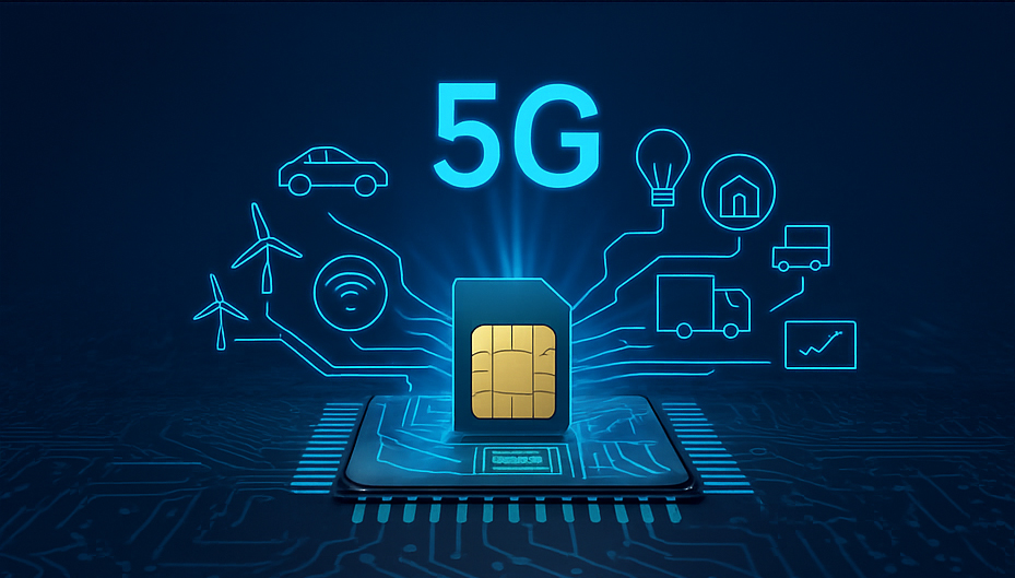 A futuristic digital illustration of an IoT SIM card connected to 5G towers, drones, smart sensors, and autonomous vehicles—symbolizing the convergence of next-gen SIM technology with global 5G infrastructure.